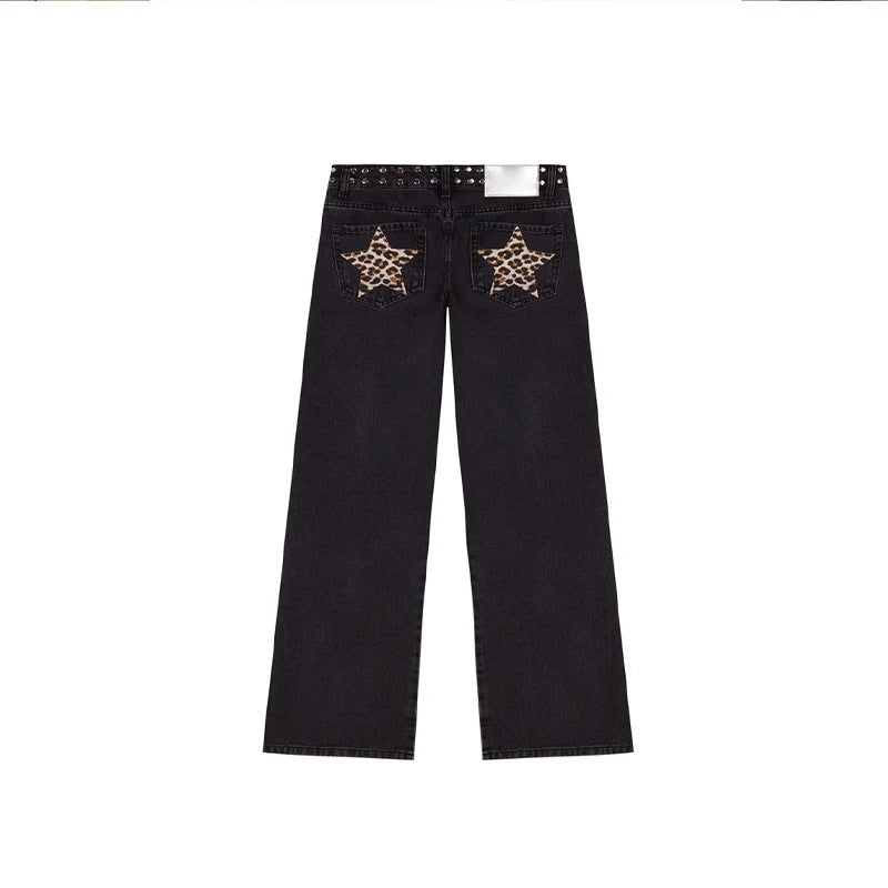 Womens Leopard Print Five-pointed Star Deconstructing Jeans