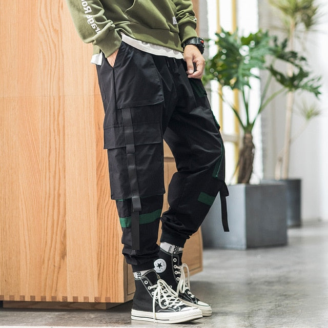 Mens Baggy Pockets Ribbon Joggers Pants