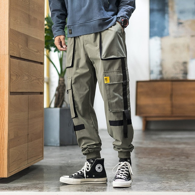 Mens Baggy Pockets Ribbon Joggers Pants