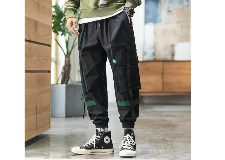 Mens Baggy Pockets Ribbon Joggers Pants