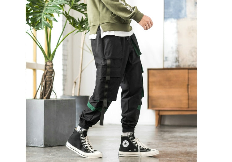 Mens Baggy Pockets Ribbon Joggers Pants