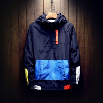 Mens Patchwork Spring Hip Hop Hooded Windbreaker